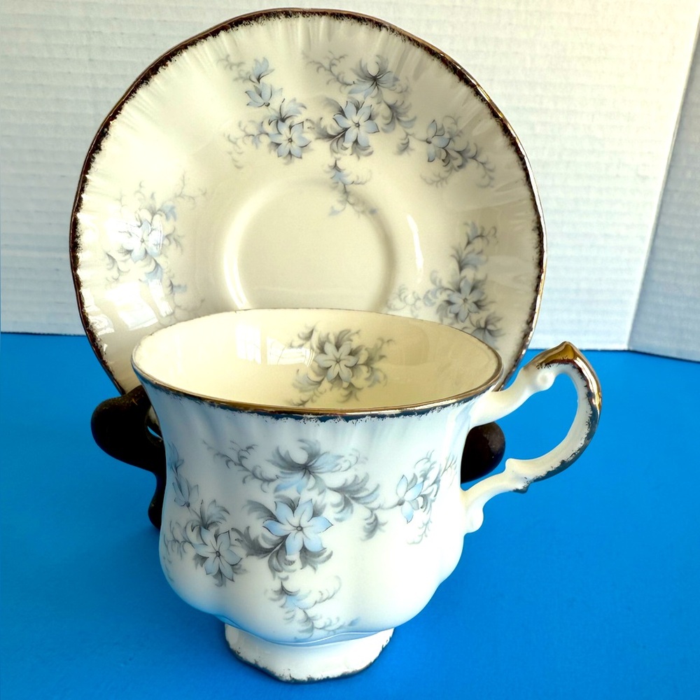 Vintage Paragon Teacup + Saucer in “Brides Choice” White Blue Floral Silver Trim